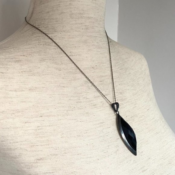 Sterling Silver 925 Oxidized Faceted Black Onyx Marquise Pendant Necklace 17.75" - Picture 5 of 16